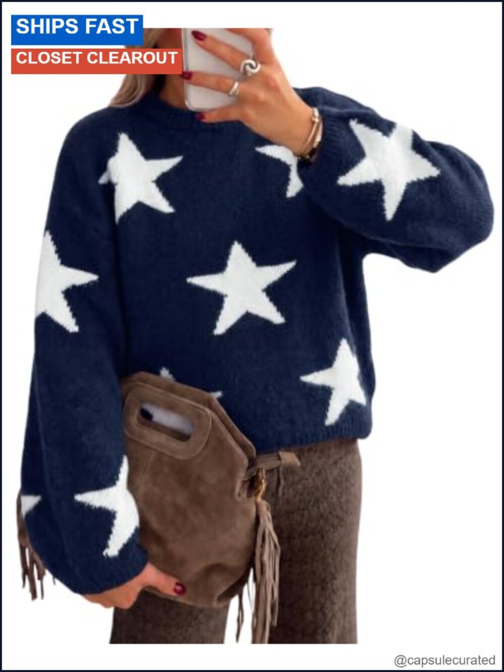Star Pattern Pullover Sweater Crew Neck Long Sleeve Loose Fit Knit